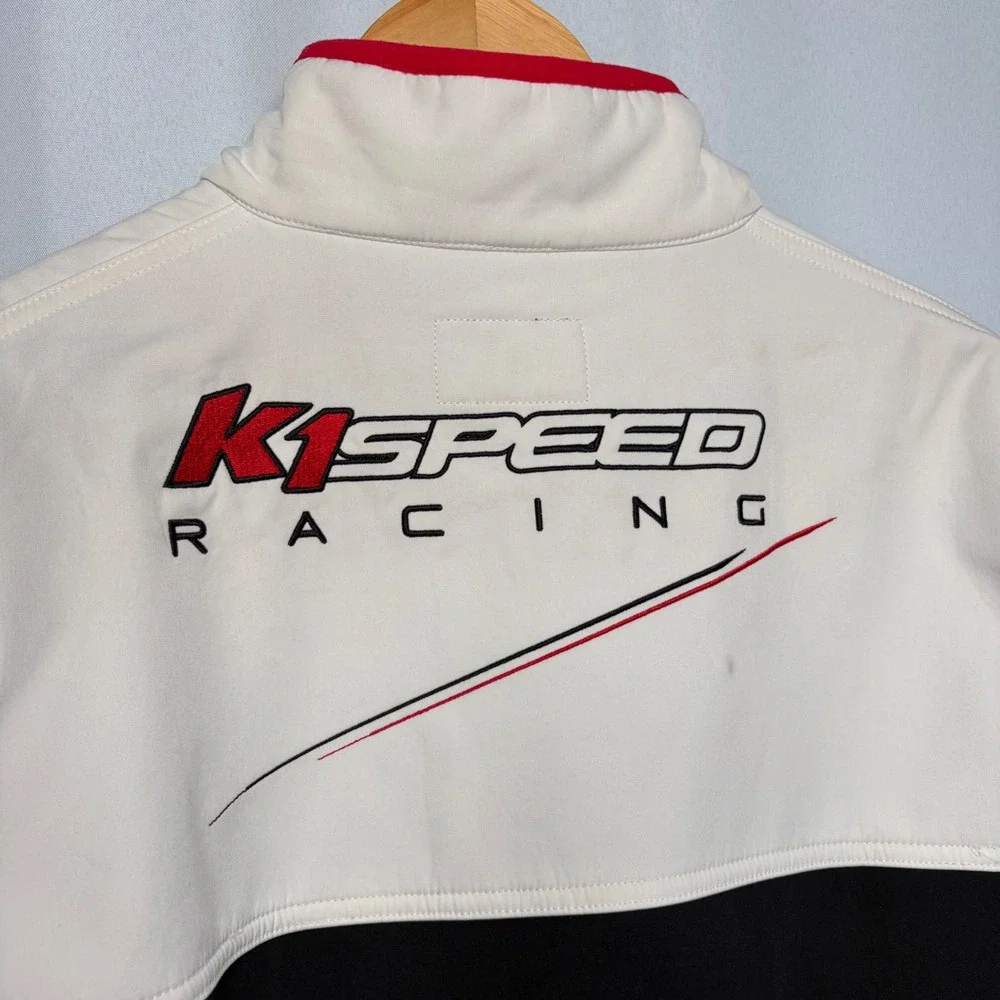 K1 Speed Racing Men Medium Softshell Jacket Black White Embroidered Sponsor Logo